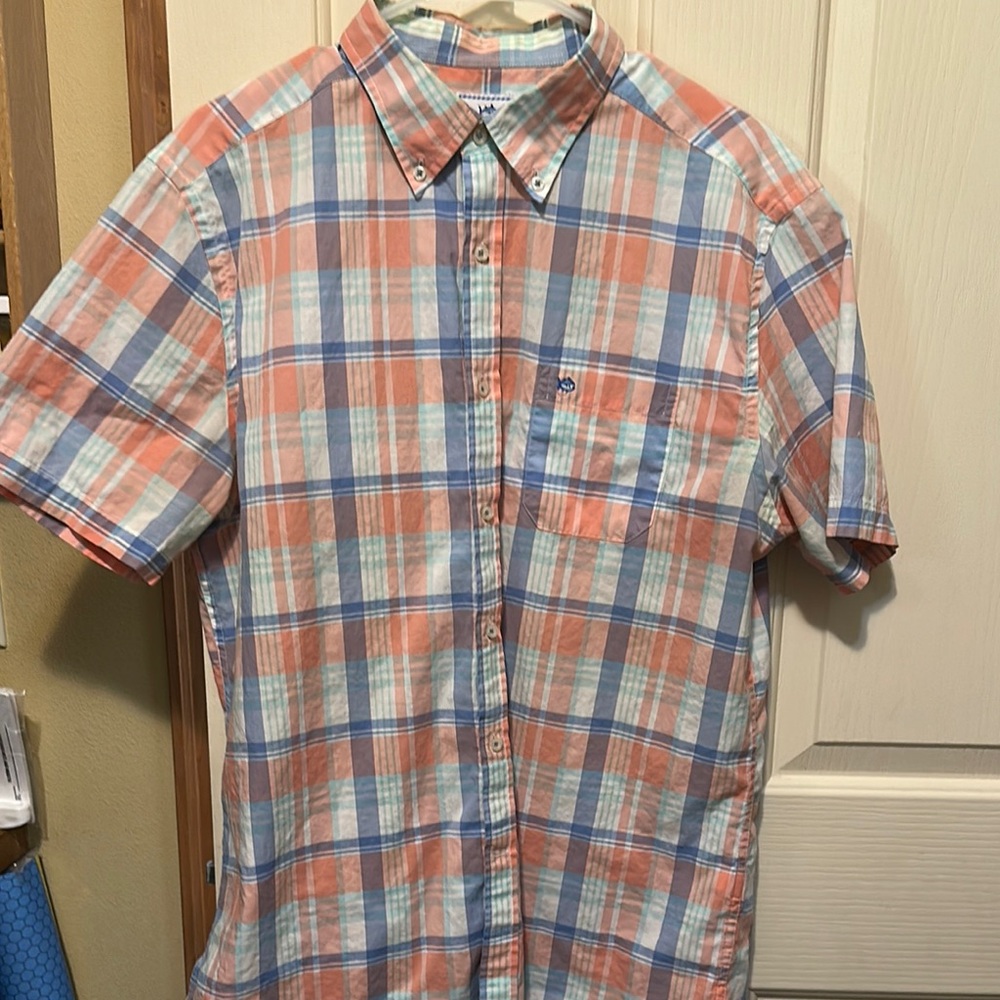 Southern Tide Men's Checkered Shirt - Coral, Blue, and White, size large